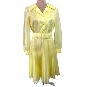 Vtg 60's MCM Alden's Lemon Yellow Crystal Pleated Chiffon Shirt Dress Bust 38"